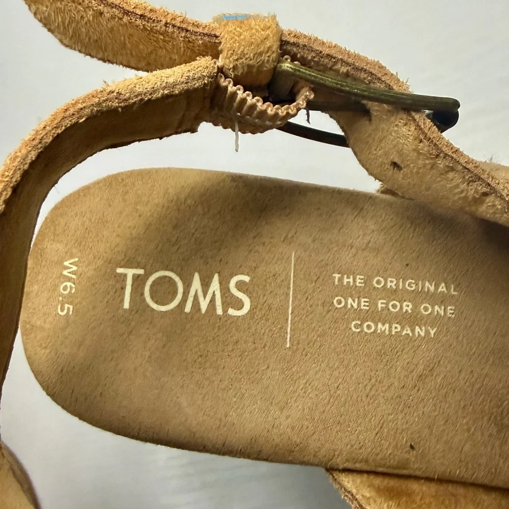 TOMS Ibiza Honey Suede Tan Platform Heel Sandals Size 6 1/2